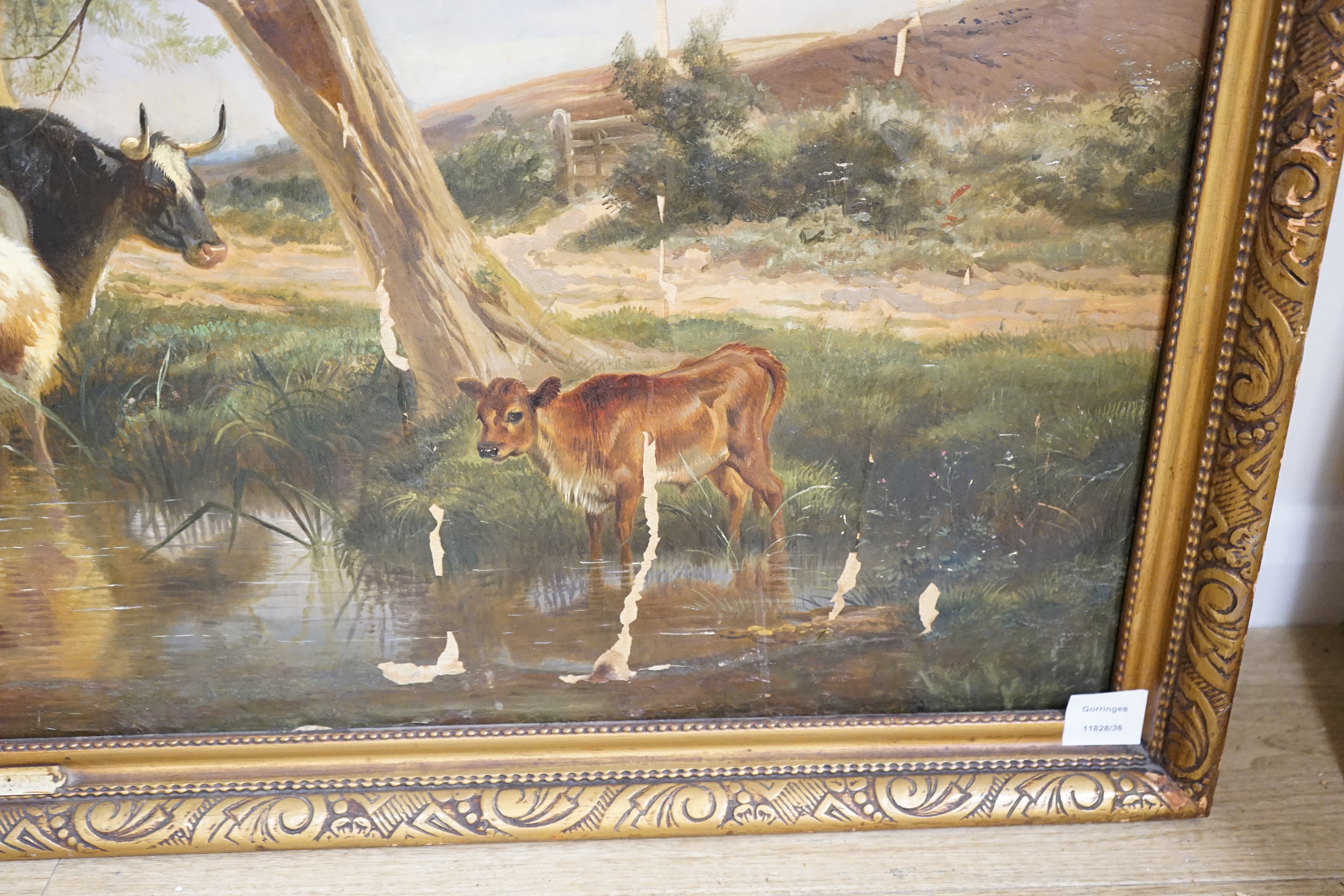 After Thomas Sidney Cooper (1803-1902), oil on canvas, Pastoral landscape with cattle by a pond, inscribed plaque to the frame, 64 x 110cm (badly water damaged)